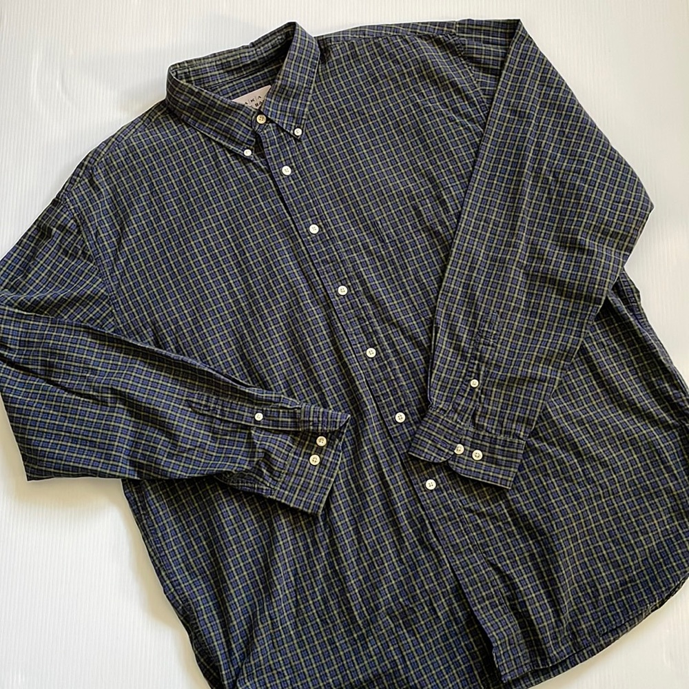 AKA Eddie Bauer blue, green & yellow plaid long sleeve button down.  Men’s XL